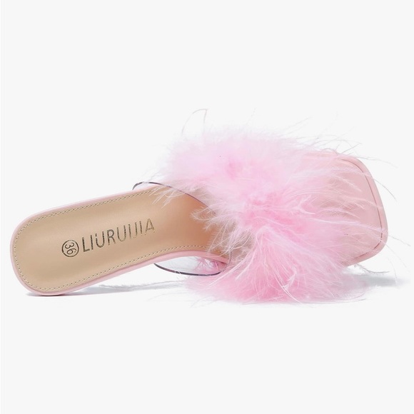Amazon square toe platform chunky heel mule sandals with pink feather detail - Picture 4 of 7